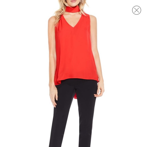 Vince Camuto | Mock Choker Red V-Neck Blouse | L - Picture 1 of 7